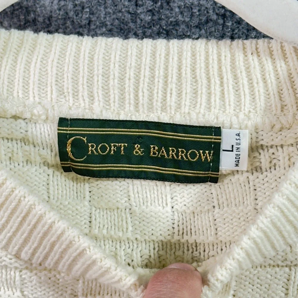Croft Barrow 3D Knit Sweater Large White Geometric Fisherman Made USA Vintage 90